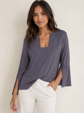 KimischaK Gray Bell Sleeve Split Neck Top blouse Made in USA Size L